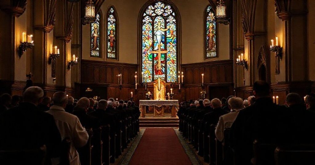 Tradycyjne kaplicy katolickie z księżmi w sutannach i beretach modlącymi się przy ołtarzu.