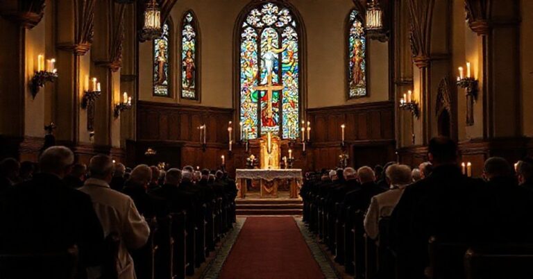 Tradycyjne kaplicy katolickie z księżmi w sutannach i beretach modlącymi się przy ołtarzu.