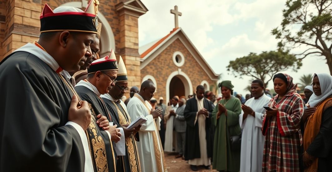 Tradycyjni katoliccy wierni przeciwko rewolucji moralnej na Afryce Katoliccy duchowni i wierni modlący się przed kościołem, symbolizujący tradycyjną obronę prawa naturalnego w Afryce, wyraz głębokiej wiary i sprzeciwu wobec modernistycznej rewolucji moralnej