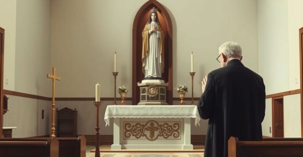 Starzec katolicki modlący się przy ołtarzu z figurą Matki Bożej La Salette, w tradycyjnym kościele, wyraz powagi i głębokiej wiary