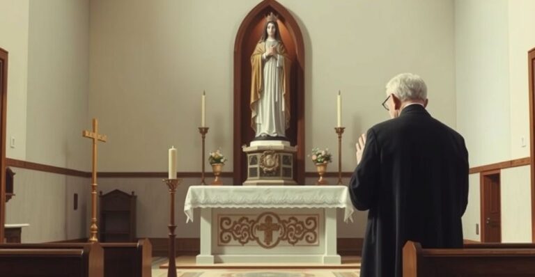 Starzec katolicki modlący się przy ołtarzu z figurą Matki Bożej La Salette, w tradycyjnym kościele, wyraz powagi i głębokiej wiary