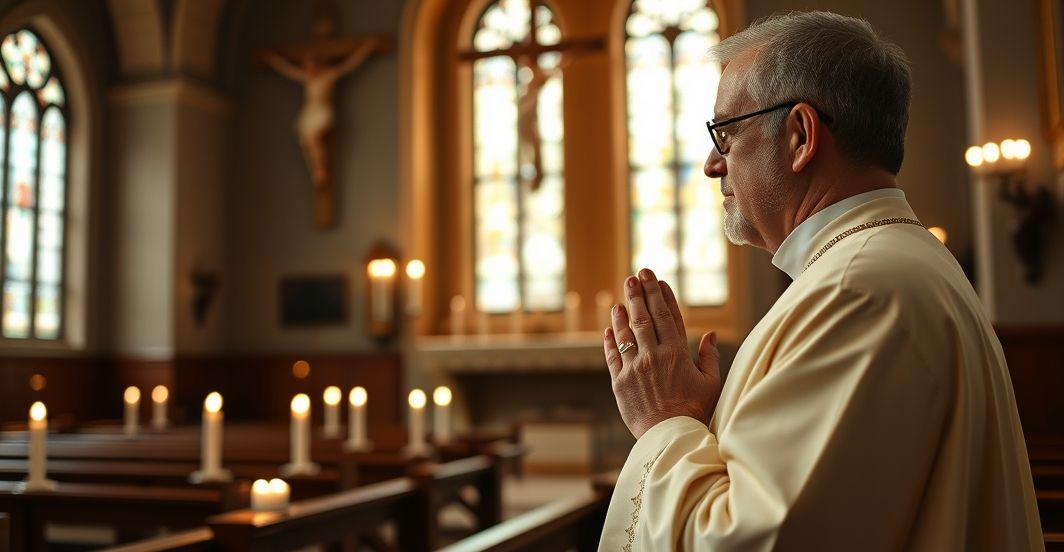 Tradycyjny katolik modlący się w kościele z Eucharystią i Maryją Mężczyzna modlący się w kościele, symbolizujący tradycyjnego katolika z Eucharystią i wizerunkiem Maryi
