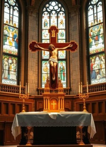 Tradycyjny katolicki ołtarz z kapłanami i krzyżem Tradycyjny katolicki obraz przedstawiający ołtarz z krzyżem, kapłanów w ornatach, podkreślający wierność wierze i sprzeciw wobec modernistycznej nowoczesności.