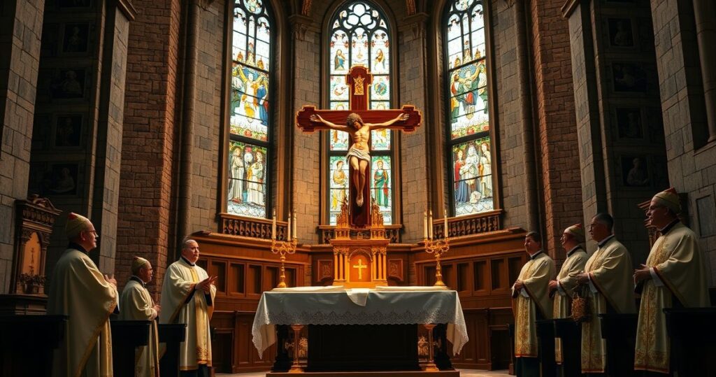 Tradycyjny katolicki obraz przedstawiający ołtarz z krzyżem, kapłanów w ornatach, podkreślający wierność wierze i sprzeciw wobec modernistycznej nowoczesności.