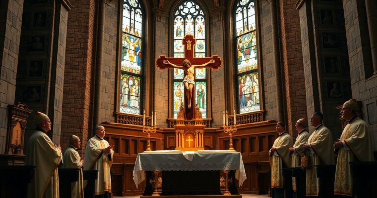 Tradycyjny katolicki obraz przedstawiający ołtarz z krzyżem, kapłanów w ornatach, podkreślający wierność wierze i sprzeciw wobec modernistycznej nowoczesności.