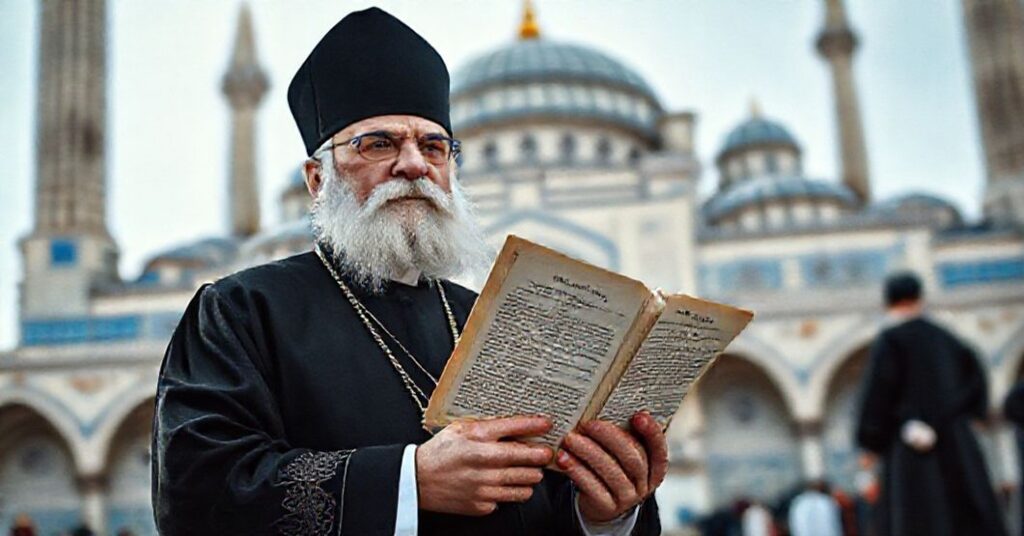 Tradycyjny kleryk w tradycyjnym stroju przed Błękitnym Meczetem w Stambule w 1979 roku, wyrażający niezadowolenie z ekumenicznych gestów "papieża" Jana Pawła II.