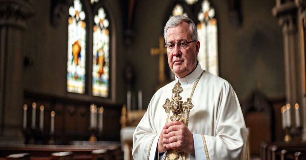 Sobieżny portret tradycyjnego katolickiego kleryka w pełnym stroju liturgicznym trzymającego monstrancję z Najświętszym Sakramentem w historycznym wnętrzu kościoła.
