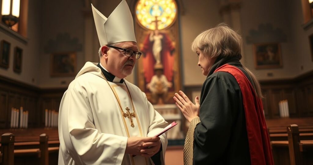 Realistyczne, pełne szacunku zdjęcie tradycyjnego konfesjonału z kapłanem i penitentem, ukazujące powagę i duchową atmosferę sakramentu pokuty, zgodnie z katolicką tradycją.