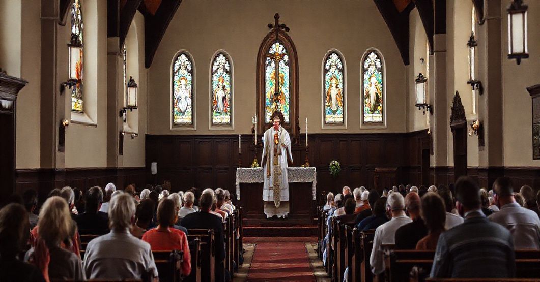 Tradycyjny wnętrze kościoła katolickiego z kapłanem w ornatach stojącym przy ołtarzu, trzymającym krzyż. Wierni modlący się klęczą w nabożnej atmosferze.