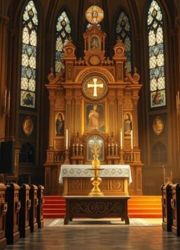 Tradycyjna katolicka liturgia i kult Eucharystii w kościele Obraz przedstawiający tradycyjne katolickie wnętrze kościoła z ołtarzem, monstrancją i Eucharystią w tonacji pełnej szacunku i powagi, odzwierciedlający temat świętości i wiernej liturgii.