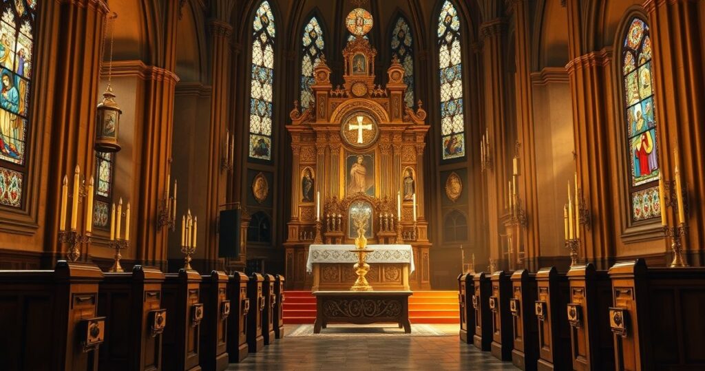Obraz przedstawiający tradycyjne katolickie wnętrze kościoła z ołtarzem, monstrancją i Eucharystią w tonacji pełnej szacunku i powagi, odzwierciedlający temat świętości i wiernej liturgii.