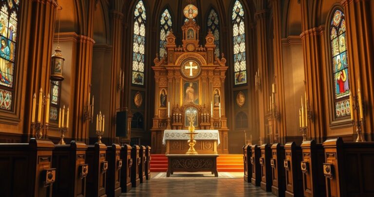 Obraz przedstawiający tradycyjne katolickie wnętrze kościoła z ołtarzem, monstrancją i Eucharystią w tonacji pełnej szacunku i powagi, odzwierciedlający temat świętości i wiernej liturgii.