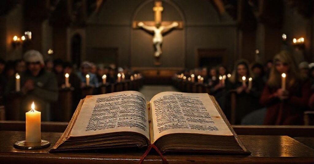 Wierni modląc się w tradycyjnym kościele katolickim w świetle świec w obliczu apostazji