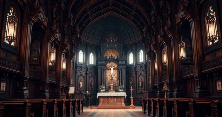 Wnętrze tradycyjnego katolickiego kościoła z drewnianą architekturą, ołtarzem i krucyfiksem, ukazujące szacunek i wierność tradycji katolickiej