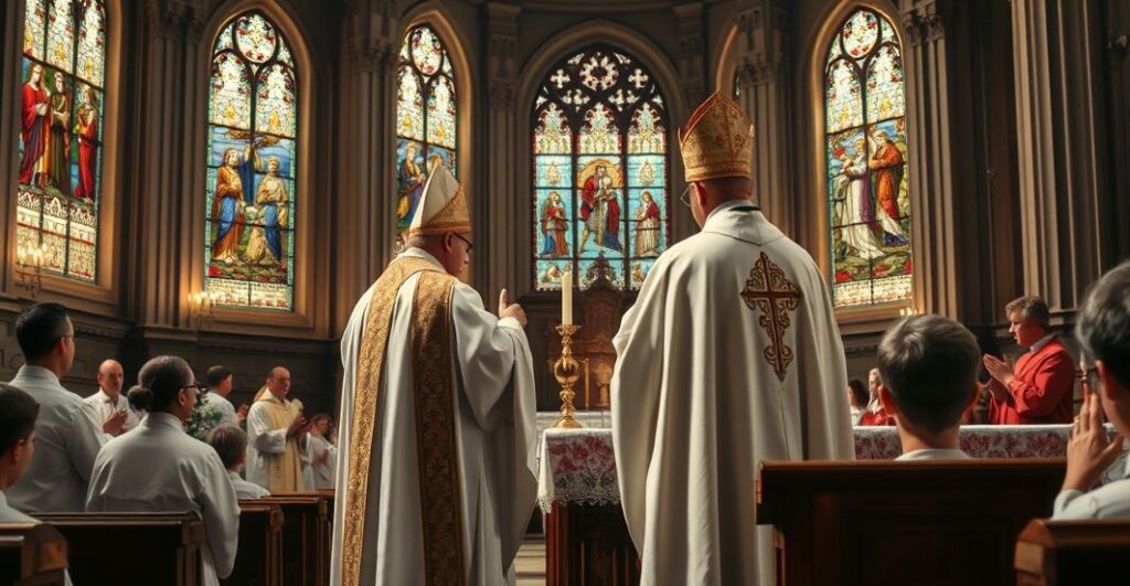 Tradycyjna scena kościelna z biskupem w liturgicznych szatach podczas Mszy, ukazująca powagę i wierność katolickim wartościom, przeciwstawiająca się nowoczesnym, kontrowersyjnym praktykom.