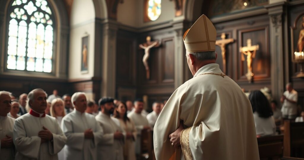 Realistyczne, pełne szacunku zdjęcie katolickiego kościoła z biskupem w liturgicznych szatach, modlitewna atmosfera, głęboka wiara i tradycyjna duchowość, podkreślająca wierność naukom Kościoła katolickiego.