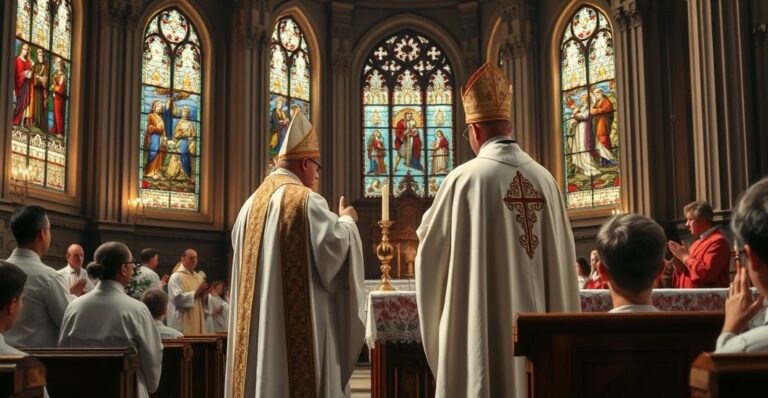 Tradycyjna scena kościelna z biskupem w liturgicznych szatach podczas Mszy, ukazująca powagę i wierność katolickim wartościom, przeciwstawiająca się nowoczesnym, kontrowersyjnym praktykom.