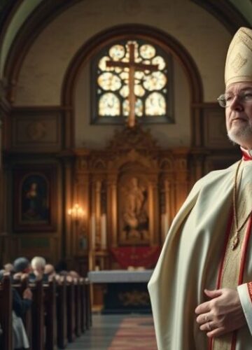 Tradycyjna scena kościelna z biskupem w kontekście krytyki modernizmu Reverent scene w kaplicy katolickiej z biskupem w liturgicznych szatach, podkreślający wagę tradycyjnej wiary i autorytetu Kościoła wobec współczesnych kontrowersji