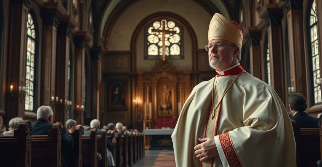 Reverent scene w kaplicy katolickiej z biskupem w liturgicznych szatach, podkreślający wagę tradycyjnej wiary i autorytetu Kościoła wobec współczesnych kontrowersji
