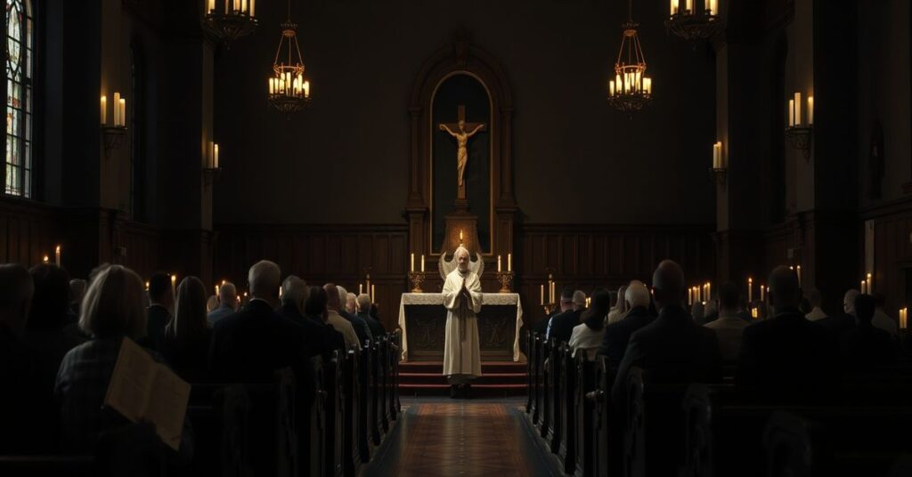 Wnętrze tradycyjnego kościoła katolickiego z grupą modlących się ludzi przy świecach, symbolizujące duchową pustkę opisywana w artykule