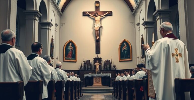 Tradycyjny katolicki kościół z kapłanem podczas Eucharystii, symbolizujący wierność i duchową głębię w obliczu modernistycznych zagrożeń