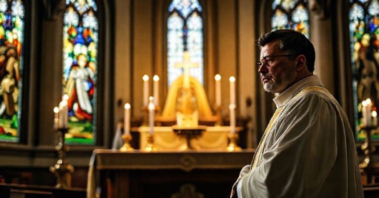 Solemne wnętrze tradycyjnego kościoła z ołtarzem i klerykiem w stroju liturgicznym przed Najświętszym Sakramentem