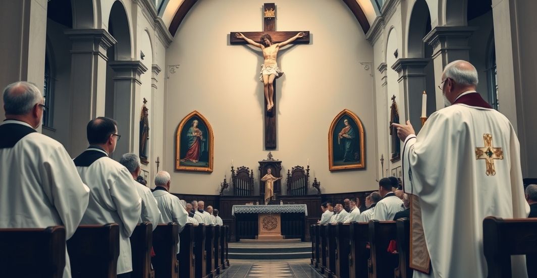 Tradycyjny katolicki kościół podczas Eucharystii – obrona wiary Tradycyjny katolicki kościół z kapłanem podczas Eucharystii, symbolizujący wierność i duchową głębię w obliczu modernistycznych zagrożeń