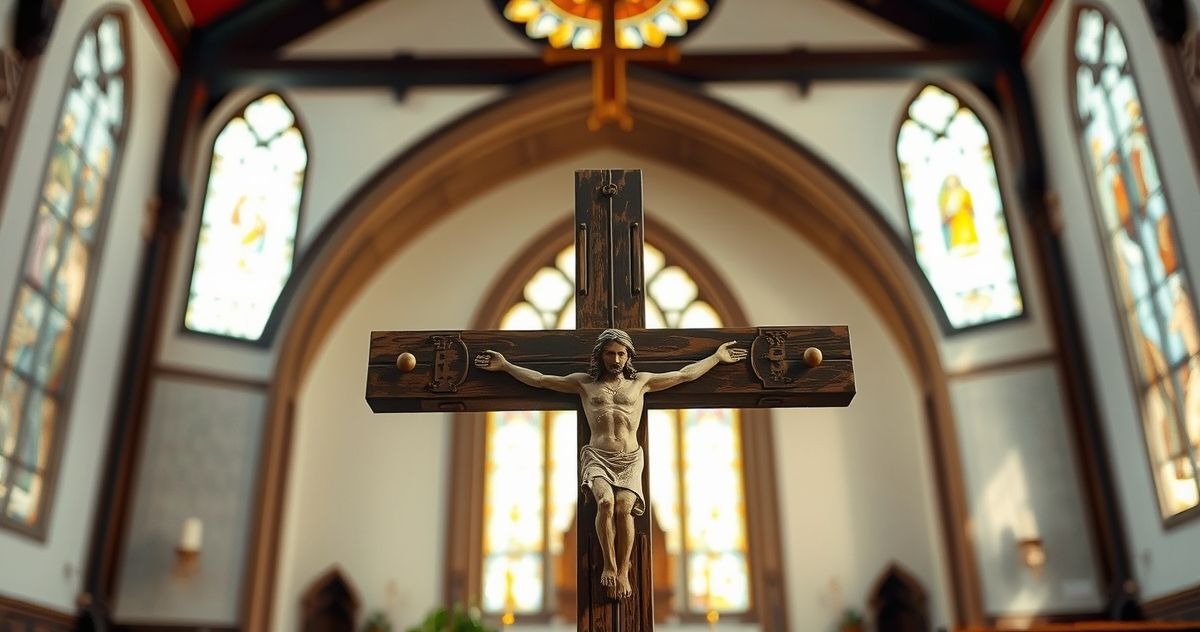 Realistyczne, pełne szacunku zdjęcie fasady kościoła i wnętrza, ukazujące tradycyjne elementy katolickie, symbolizujące wiarę i nadzieję w kontekście duchowego kryzysu.