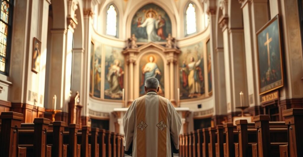 Religijne wnętrze kościoła katolickiego z kapłanem przy ołtarzu, symbolizujące tradycyjną Eucharystię i duchową głębię