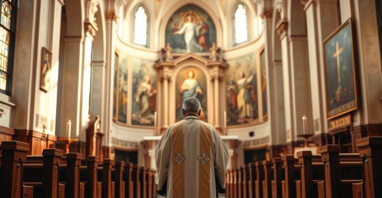 Religijne wnętrze kościoła katolickiego z kapłanem przy ołtarzu, symbolizujące tradycyjną Eucharystię i duchową głębię