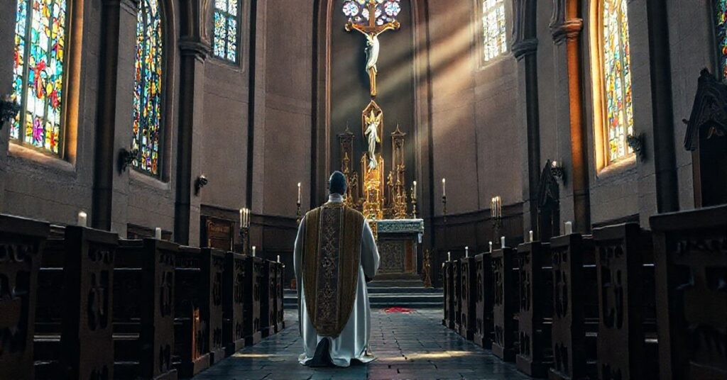 Religijny obraz katolickiego kościoła z kapłanem w modlitwie przed ołtarzem, odzwierciedlający tradycyjną pobożność