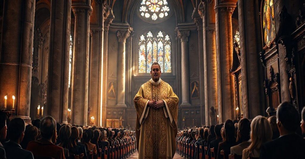 Catholic ksiądz w tradycyjnym stroju w kościele, krytykujący reformy edukacji i sekularyzację w kontekście posoborowym