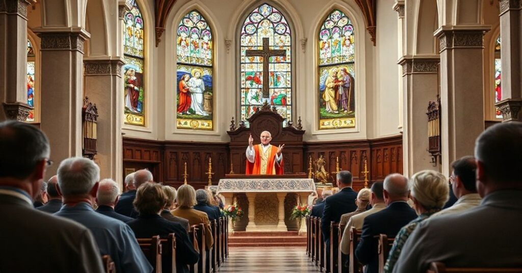 Tradycyjny kościół katolicki z biskupem w tradycyjnych szatach kapłańskich głoszącym kazanie, słuchacze na ławkach z wyrazami głębokiej refleksji, naturalne światło przez witraże