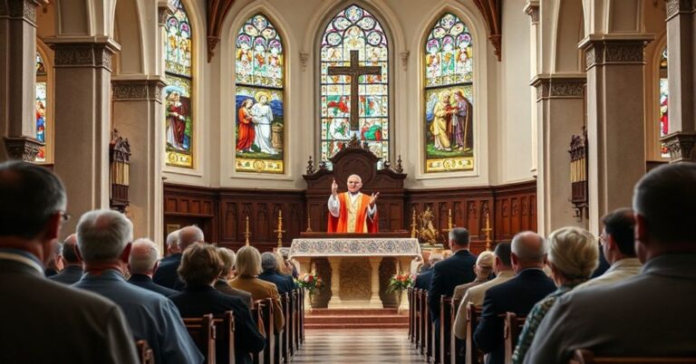 Tradycyjny kościół katolicki z biskupem w tradycyjnych szatach kapłańskich głoszącym kazanie, słuchacze na ławkach z wyrazami głębokiej refleksji, naturalne światło przez witraże