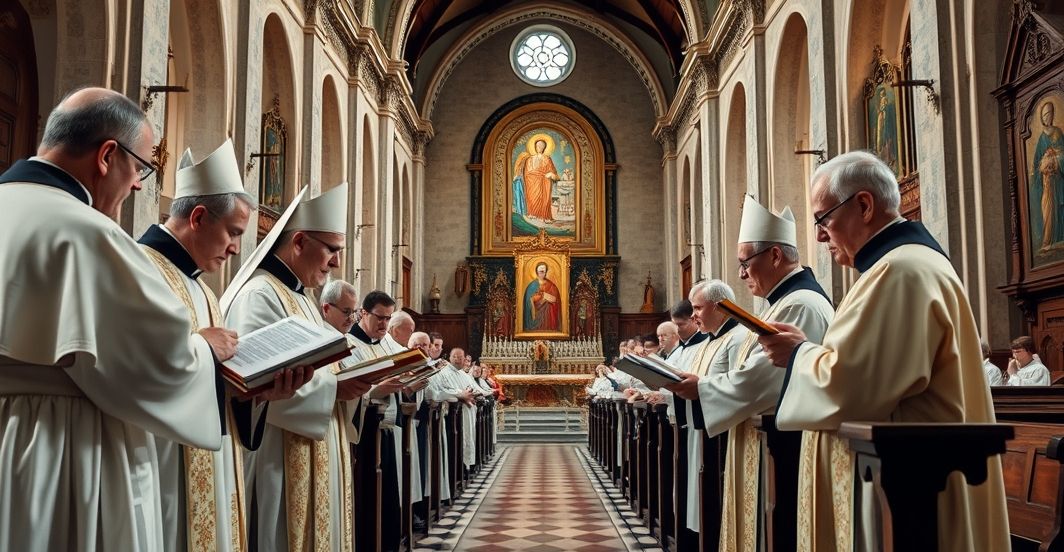 Tradycyjny Kościół katolicki kontra modernistyczne struktury hierarchiczne Zdjęcie realistycznej, tradycyjnej sceny kościelnej z duchownymi w stroju sprzed Soboru Watykańskiego II, wyrazem modlitwy i refleksji, podkreślające krytykę współczesnej struktury hierarchii katolickiej