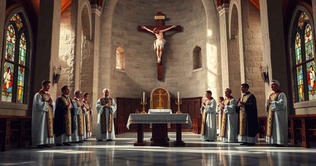 Wnętrze tradycyjnego kościoła katolickiego z kapłanami w szatach liturgicznych, krucyfiksem i ołtarzem, symbolizujące wierność naukom katolickim wobec krytyki nowoczesnych zmian