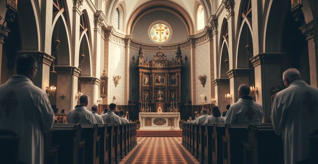 Obraz ukazujący tradycyjny, katolicki kościół z kapłanami i eucharystią, krytyczny wobec modernistycznych tendencji, podkreślający Królestwo Chrystusa i nauki magisterium