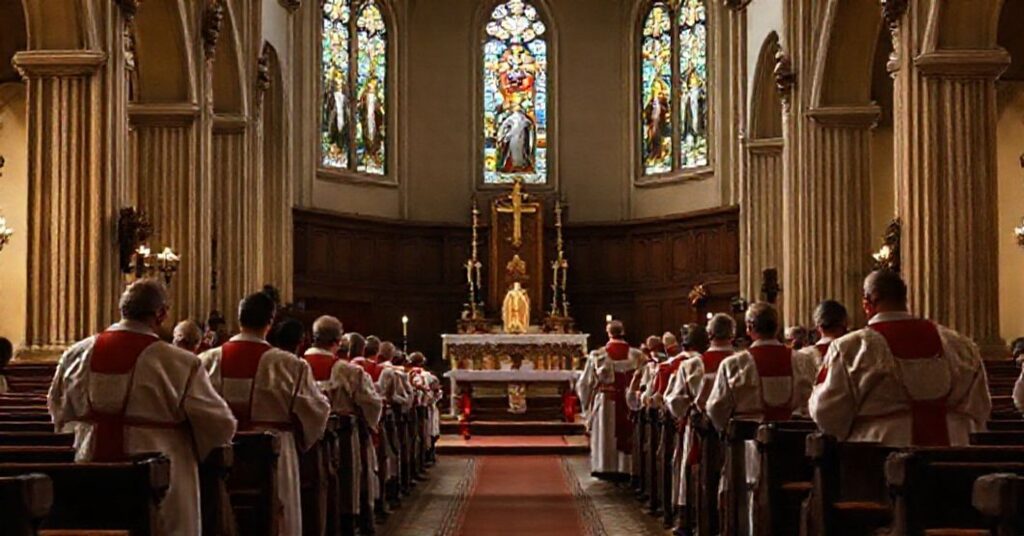 Wnętrze tradycyjnego kościoła katolickiego z pustym ołtarzem, bez nowoczesnego wyposażenia. Grupa duchownych w przedsoborowych ornatach modli się w poważnym nastroju, ich twarze oświetlone są delikatnym światłem przechodzącym przez witraże przedstawiające świętych.