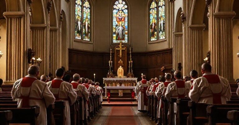 Wnętrze tradycyjnego kościoła katolickiego z pustym ołtarzem, bez nowoczesnego wyposażenia. Grupa duchownych w przedsoborowych ornatach modli się w poważnym nastroju, ich twarze oświetlone są delikatnym światłem przechodzącym przez witraże przedstawiające świętych.