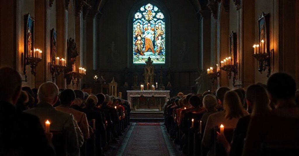 Tradycyjny kościół katolicki z wiernymi modlącymi się przy ołtarzu, oświetlonym w świecie świątecznym, symbolizujący opór wobec synkretyzmu religijnego.