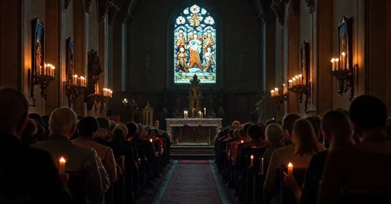 Tradycyjny kościół katolicki z wiernymi modlącymi się przy ołtarzu, oświetlonym w świecie świątecznym, symbolizujący opór wobec synkretyzmu religijnego.