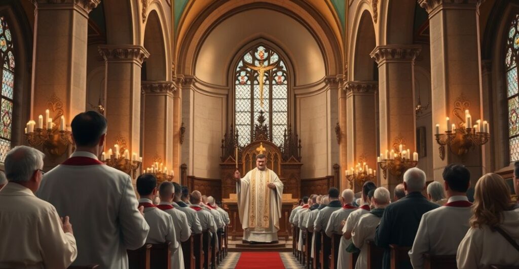 Szczegółowe, realistyczne zdjęcie katolickiego wnętrza kościoła z kapłanem i wiernymi w modlitwie, ukazujące tradycyjny i poważny charakter religijnej liturgii