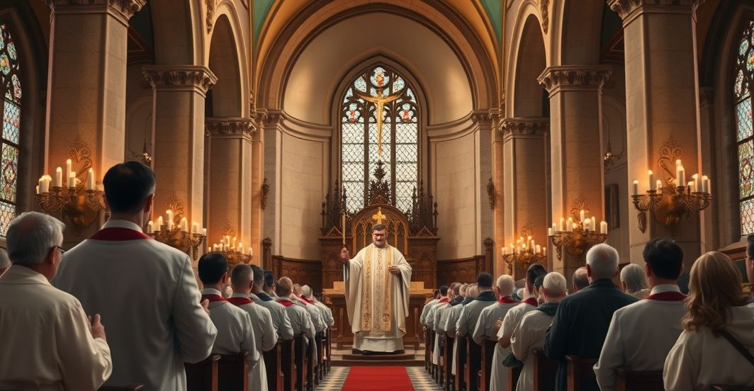 Tradycyjny katolicki kościół z kapłanem i wiernymi w modlitwie Szczegółowe, realistyczne zdjęcie katolickiego wnętrza kościoła z kapłanem i wiernymi w modlitwie, ukazujące tradycyjny i poważny charakter religijnej liturgii