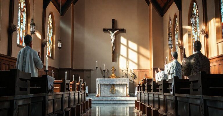 Tradycyjna katolicka scena w kościele z ołtarzem i krucyfiksem, symbolizująca moralną refleksję i sprzeciw wobec modernistycznych reform edukacji