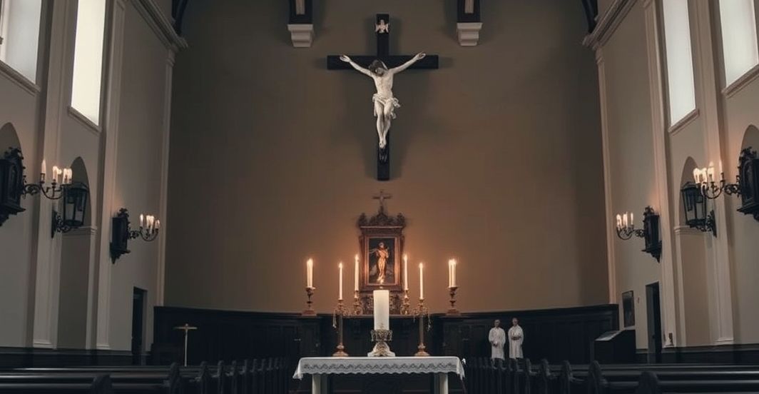 Obraz przedstawiający tradycyjne katolickie wnętrze kościoła, symbolizujące krytykę modernistycznej infiltracji i upadku wiary, odseparowany od surrealizmu i symboli sekty.