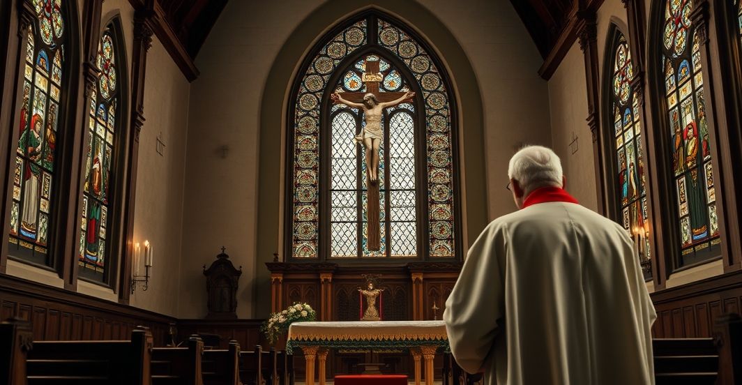 Tradycyjny katolicki kościół z krzyżem i księdzem w modlitwie Ksiądz starzec przed krzyżem w tradycyjnym kościele katolickim, refleksja nad prawdziwą wiarą i naukami Kościoła