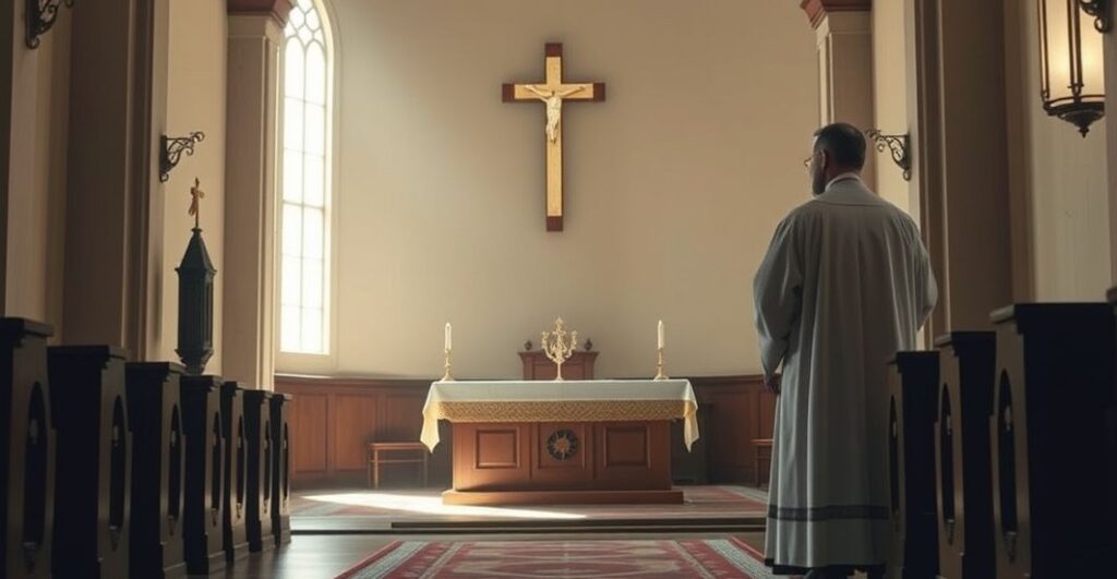 Wnętrze tradycyjnego katolickiego kościoła z ołtarzem i kapłanem, oddające powagę i duchowość