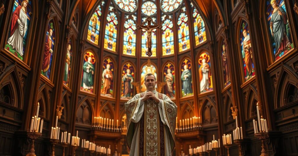 Fotografia realistycznego, pełnego szacunku wnętrza kościoła katolickiego z kapłanem w tradycyjnych szatach stojącym przy ołtarzu, trzymającym krzyż, w otoczeniu witraży świętych, wyrażająca powagę i duchową głębię.