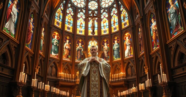 Fotografia realistycznego, pełnego szacunku wnętrza kościoła katolickiego z kapłanem w tradycyjnych szatach stojącym przy ołtarzu, trzymającym krzyż, w otoczeniu witraży świętych, wyrażająca powagę i duchową głębię.