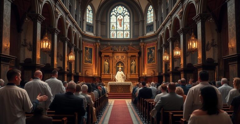 Sobor katolicki z tradycyjnym liturgicznym wystrojem, podkreślający powagę i autentyczność liturgii, z duchownymi w tradycyjnych szatach, kontrastujące z nowoczesnym podejściem do kanonizacji